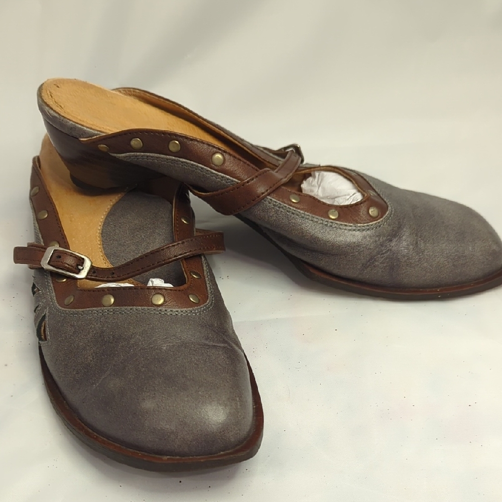 John Fluevog Gray and Brown Leather Mary Jane Mules